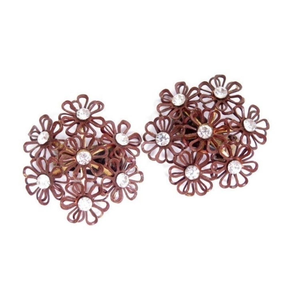 Vintage Large Brown Enamel Rhinestone Flower Clip-on Earrings